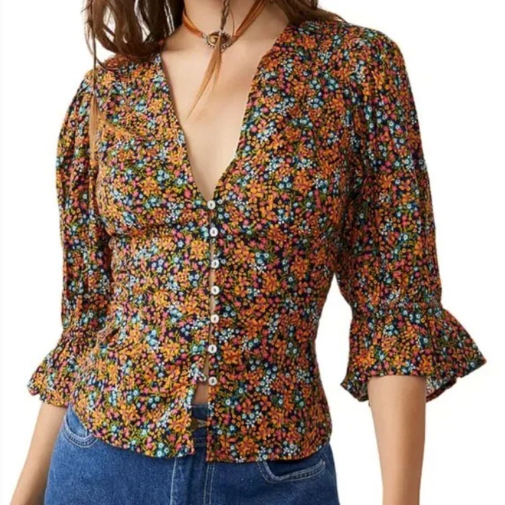 NWT Free People I Found You Floral Print Blouse in Navy Combo